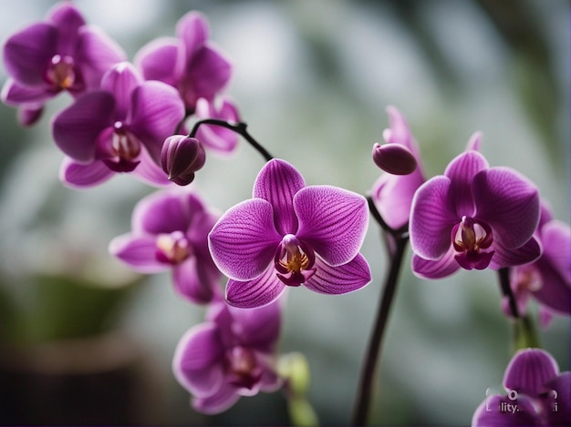Zbliżenie fioletowych kwiatów ze słowem orchidea na dole.