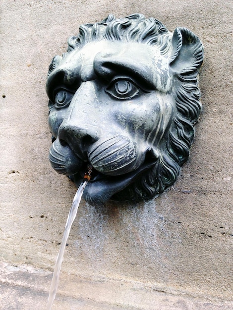 Zdjęcie zbliżenie fontanny z głową lwa na ścianie