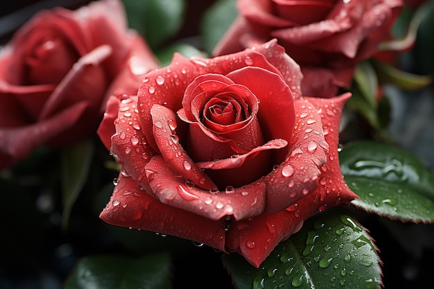 Zdjęcie zbliżenie garstki czerwonych róż z zielonymi liśćmi