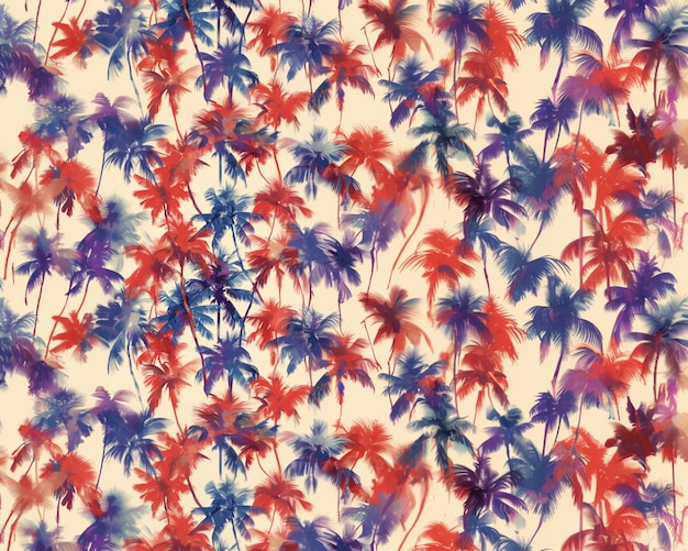 zbliżenie garstki drzew palmowych z czerwonymi i niebieskimi liśćmi generatywne ai