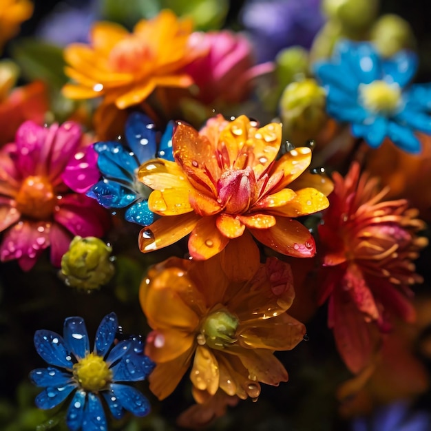 Zbliżenie garstki kolorowych kwiatów z kropelami wody w Calgary w Kanadzie