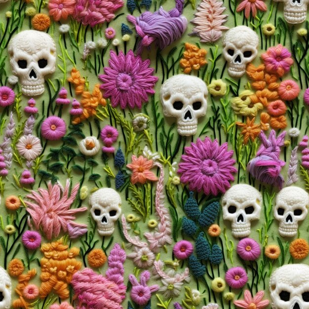 Zdjęcie zbliżenie garstki kwiatów i czaszek na zielonej powierzchni generatywny ai