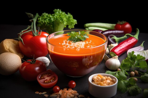 Zbliżenie gazpacho ze składnikami widocznymi i smakowitymi