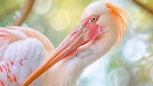 Zbliżenie głowy flamingosa z tłem o miękkim ostrości, podkreślającym jego różowe pióra i dziób