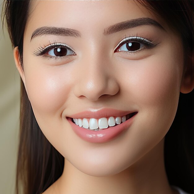Zbliżenie głowy uśmiechniętej azjatyckiej dziewczyny z wspaniałymi białymi i prostymi zębami idealne dla adv