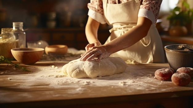 Zbliżenie gospodyni domowej, która miesza ciasto i sprawia, że gluten jest bardzo elastyczny z kurczakiem na plecach.