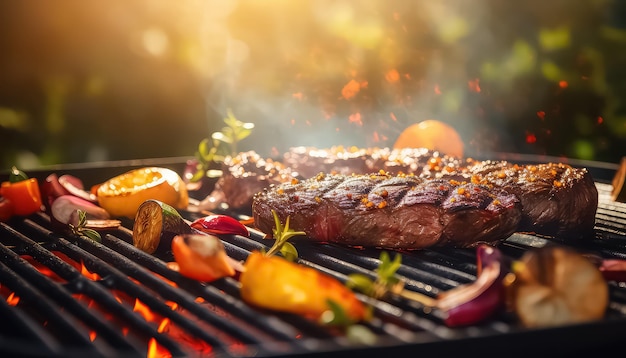 Zbliżenie grillowanego mięsa i warzyw na grillu