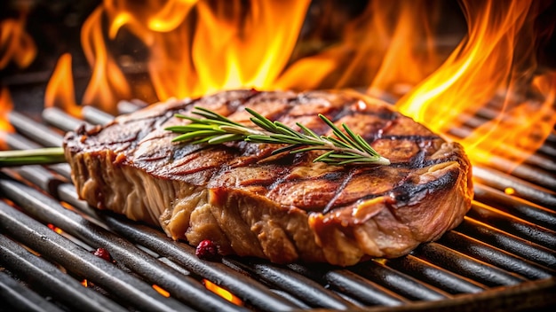 Zbliżenie grillowanego steku z rozmarynem na grillu