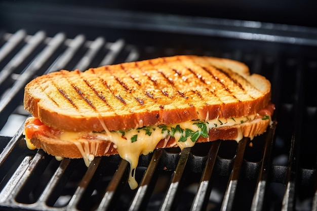 Zbliżenie grillowania kanapki z serem na prasie panini z śladami grilla