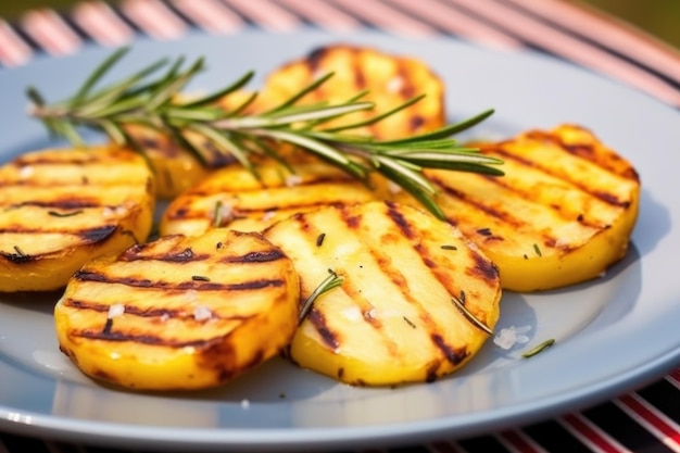 Zdjęcie zbliżenie grillowanych ziemniaków z rozmarynem na pastelowym kolorowym talerzu