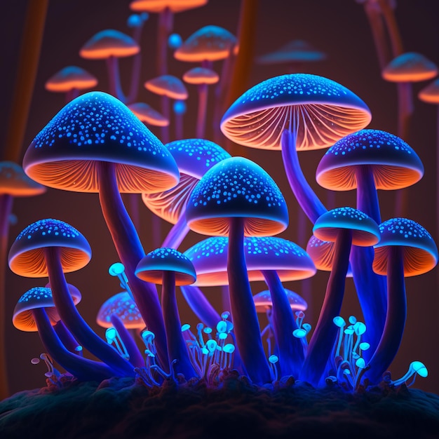Zbliżenie grupy grzybów z świecącymi niebieskimi światłami generatywne ai