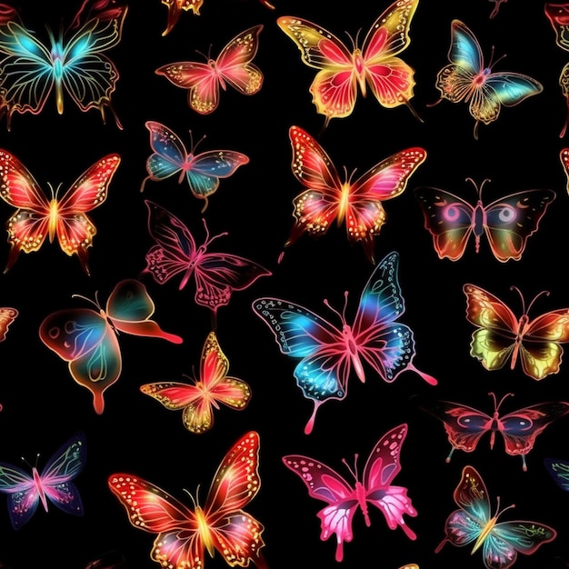 zbliżenie grupy kolorowych motyli na czarnym tle generatywny ai