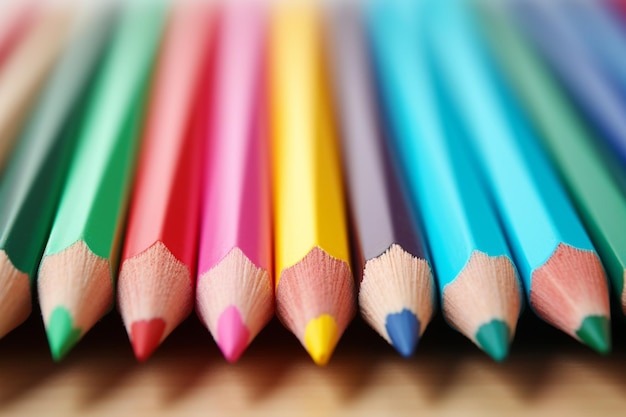 Zbliżenie grupy kolorowych ołówków na generatywnej tabeli ai