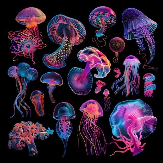 zbliżenie grupy meduz o różnych kolorach generatywne ai
