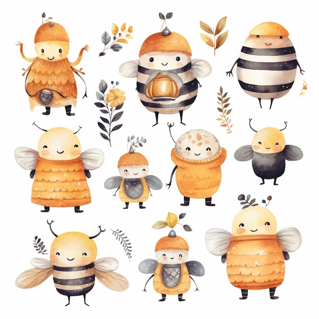 Zbliżenie grupy pszczół z różnymi kostiumami generatywne ai