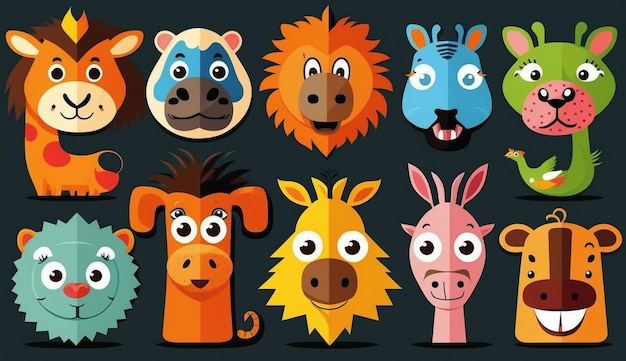 Zdjęcie zbliżenie grupy różnych zwierząt z różnymi twarzami generatywne ai