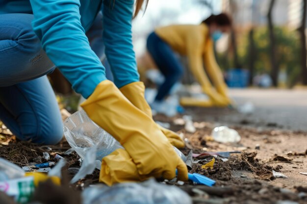 Zbliżenie grupy wolontariuszy sprzątających śmieci w środowisku naturalnym Generatywna sztuczna inteligencja