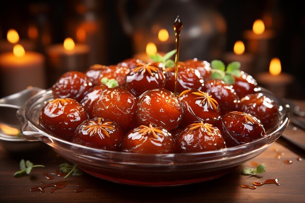 Zdjęcie zbliżenie gulab jamun na talerzu diwali deser