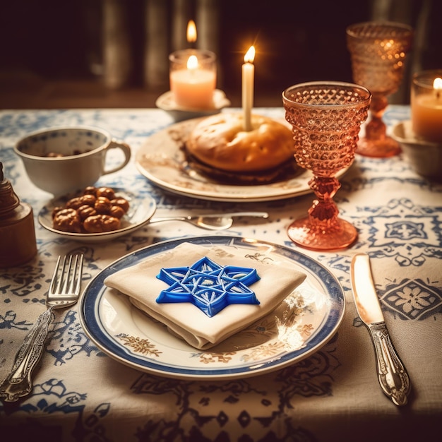 Zbliżenie Gwiazdy Dawida symbolizującej jedność na świątecznym stole Hanukkah