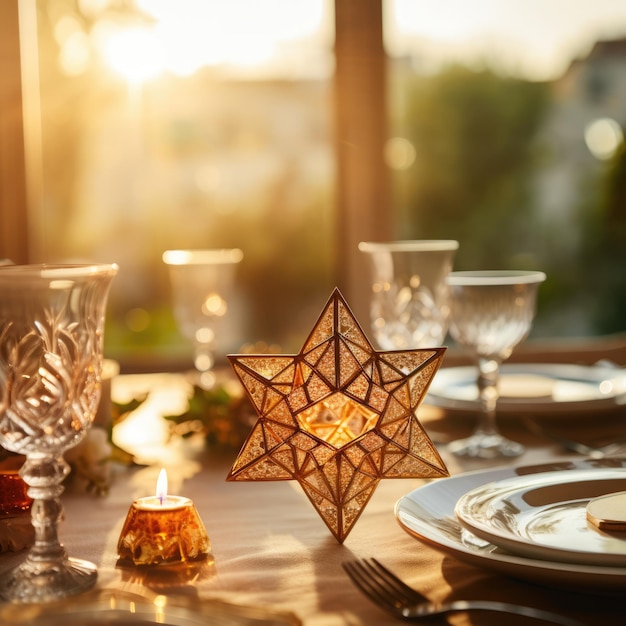 Zbliżenie Gwiazdy Dawida symbolizującej jedność na świątecznym stole Hanukkah