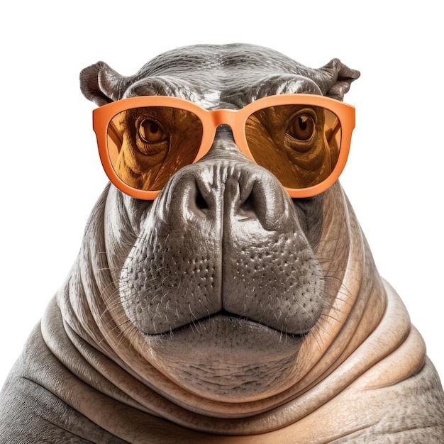 Zbliżenie hipopotama z okularami przeciwsłonecznymi na białym tle