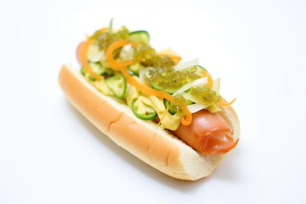 Zbliżenie hot dog z zielonym smakiem i musztardą na białej bułce