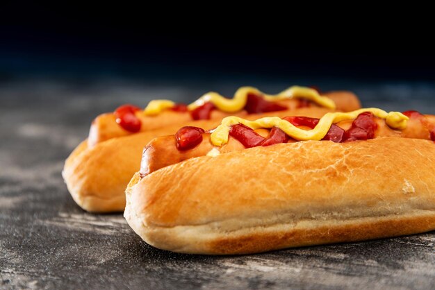 Zdjęcie zbliżenie hot dogów na talerzu na stole