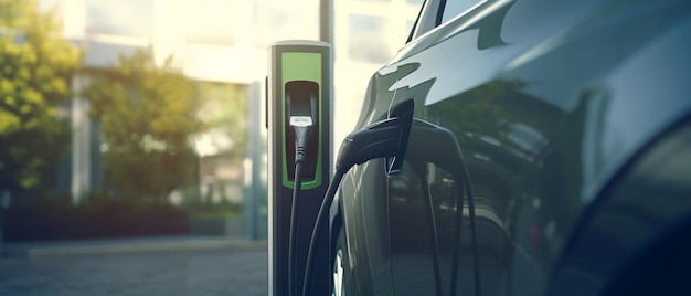 Zbliżenie hybrydowego samochodu elektrycznego do ładowania samochodów EV na stacji ładującej z generatorem energii odnawialnej ai