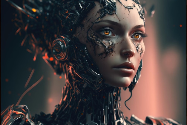 Zbliżenie hybrydowej transformacji piękna cyborga z humanoidalną twarzą dziewczyny