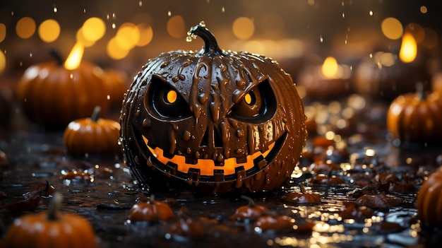 Zbliżenie jackolantern w zimną noc Halloween