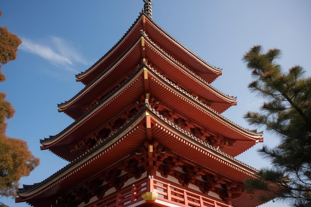 Zbliżenie japońskiej pagody z widocznymi skomplikowanymi szczegółami stworzonymi za pomocą generatywnej ai