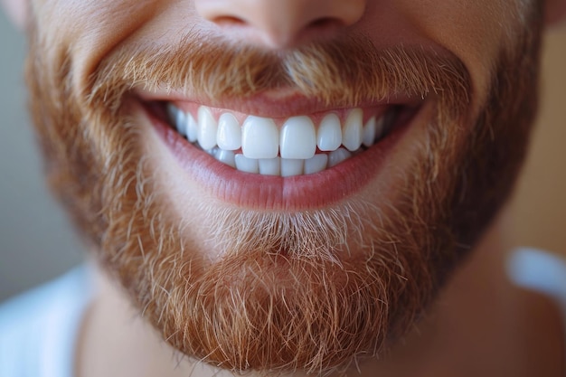 Zdjęcie zbliżenie jasnego, uśmiechniętego europejskiego młodego mężczyzny pokazującego zdrowe, białe zęby