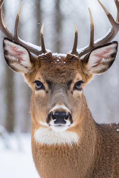 Zbliżenie jelenia z białym ogonem stojącego w śniegu