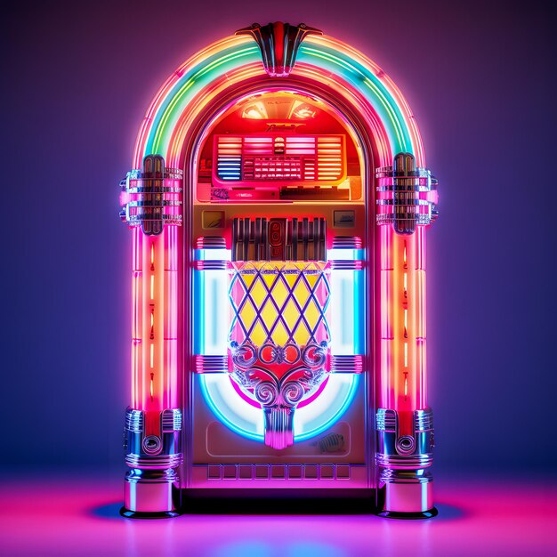 Zbliżenie jukebox z neonowymi światłami na Generative AI