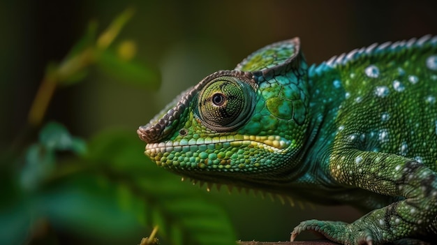 Zbliżenie kameleon w kolorze zielonym Generative AI