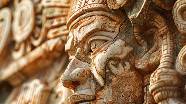 Zbliżenie kamiennej rzeźby Majów Rzeźba przedstawia ludzką twarz z wyrafinowanym nakryciem głowy