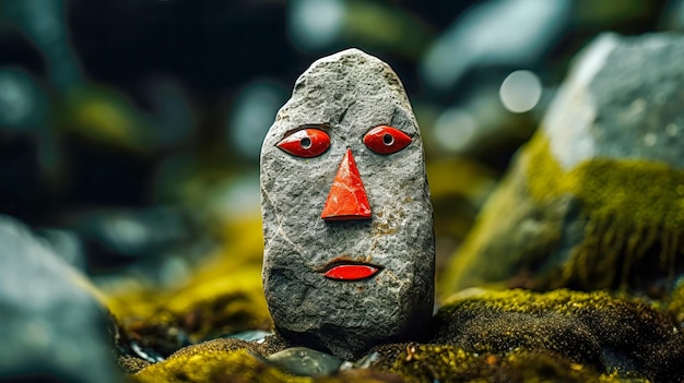 Zbliżenie kamiennej rzeźby twarzy ze znakiem
