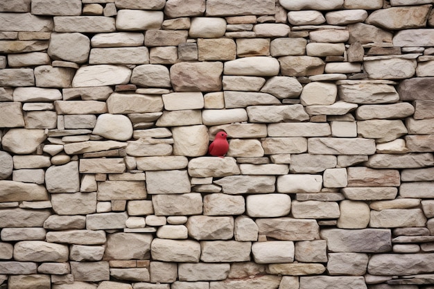 Zbliżenie kamiennej ściany z czerwonym i białym ptakiem