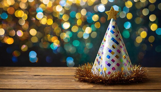 Zbliżenie kapelusza z urodzinowego przyjęcia na pustym drewnianym stole Uroczystości akcesoriów Bokeh świecące konfety
