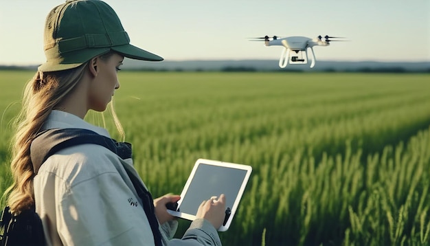 Zbliżenie kaukaskiej rolniczki w czapce stojącej na zielonym polu pszenicy i obsługującej drona lecącego ponad marginesem Generatywna sztuczna inteligencja