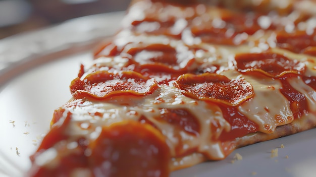 Zdjęcie zbliżenie kawałka pizzy z roztopionym serem i pepperoni pizza jest na białym talerzu tło jest rozmyte