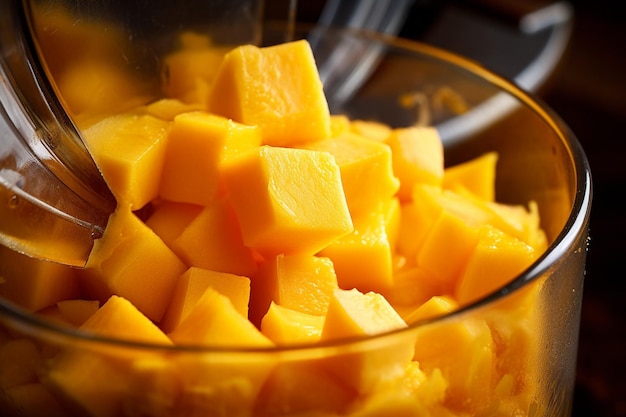 Zbliżenie kawałków mango mieszanych w sok w blenderze