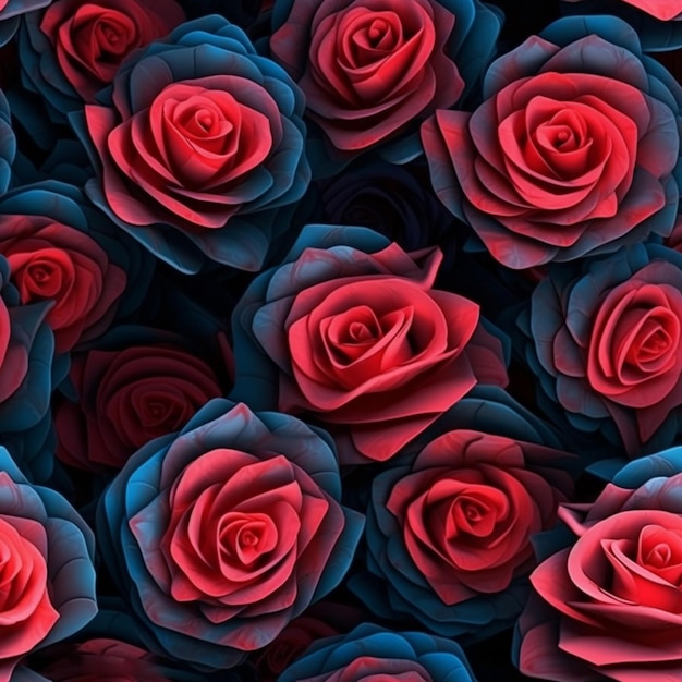 Zbliżenie kiści czerwonych róż z niebieskimi płatkami generatywnego ai
