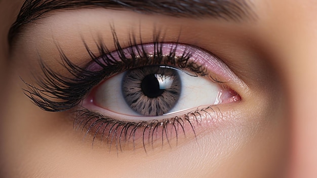 Zbliżenie kobiecego oka z dramatycznymi sztucznymi rzęsami, czarnym eyelinerem i cieniem do powiek wygenerowana przez AI ilustracja