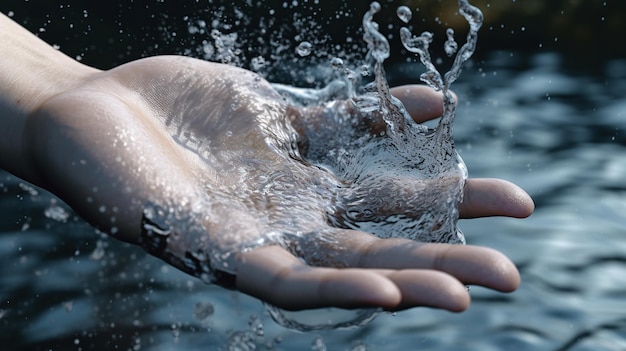 Zbliżenie kobiecej dłoni sięgającej po sztuczną inteligencję generującą wodę