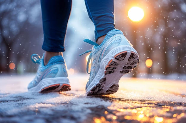 Zbliżenie kobiecych stóp w butach do biegania na tle zimowego parku miejskiego