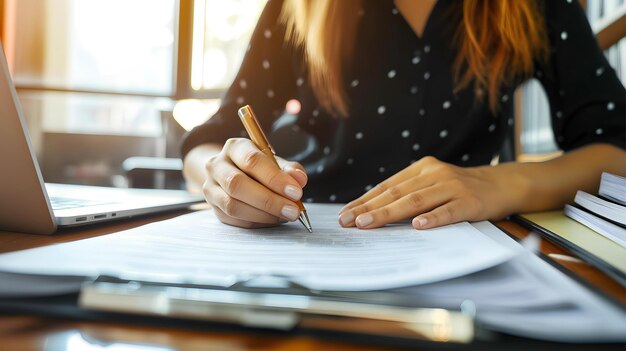 Zbliżenie kobiety biznesowej podpisującej ręcznie dokument umowny przy biurku Koncepcja biznesowa