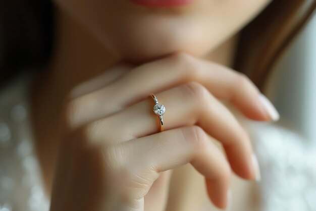 Zbliżenie kobiety noszącej minimalny złoty i diamentowy pierścionek
