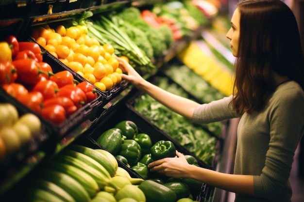 Zbliżenie kobiety przeglądającej sekcję świeżych produktów w sklepie spożywczym Generative AI