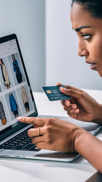 Zdjęcie zbliżenie kobiety robiącej zakupy online za pomocą karty kredytowej i laptopa